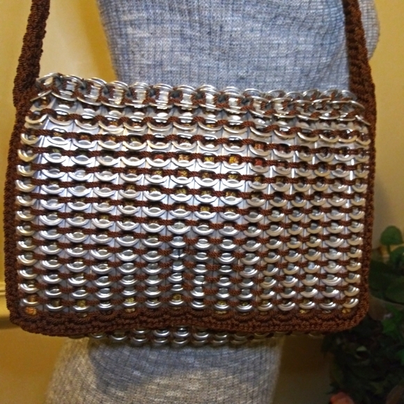 Boho One-Of-A-Kind Handmade Silver Soda Tab Trimmed Brown Crocheted Shoulder Bag - Picture 2 of 12